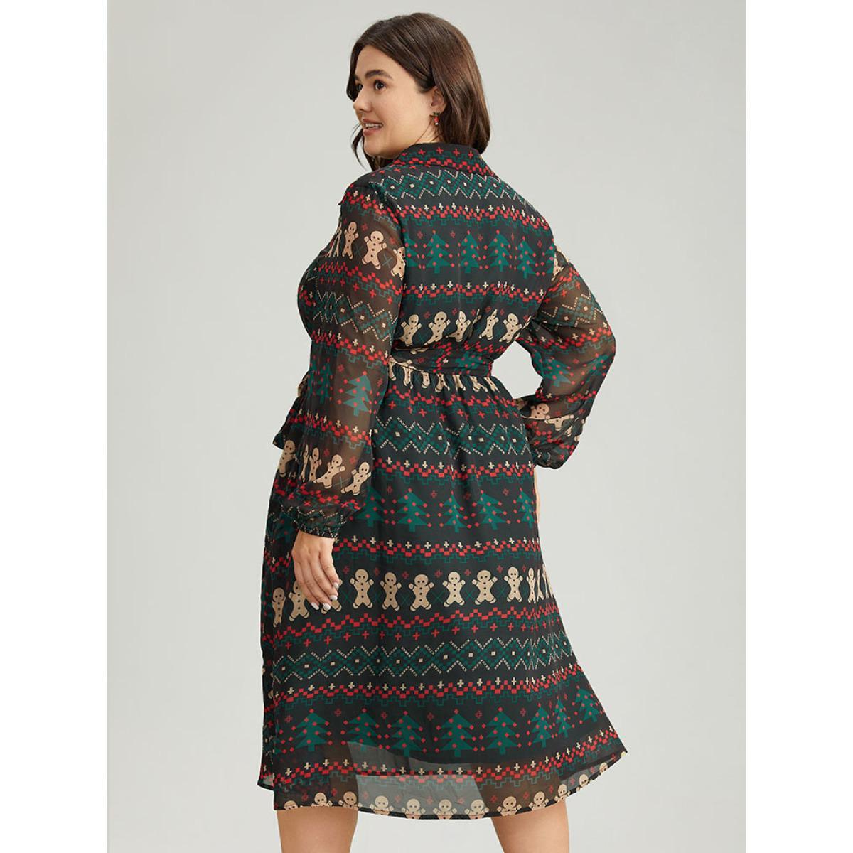 Plus Size Christmas Button Through Belted Mesh Patchwork Dress Cyan Women Office Elastic cuffs Shirt collar Long Sleeve Curvy Midi Dress BloomChic 10/M Product Image