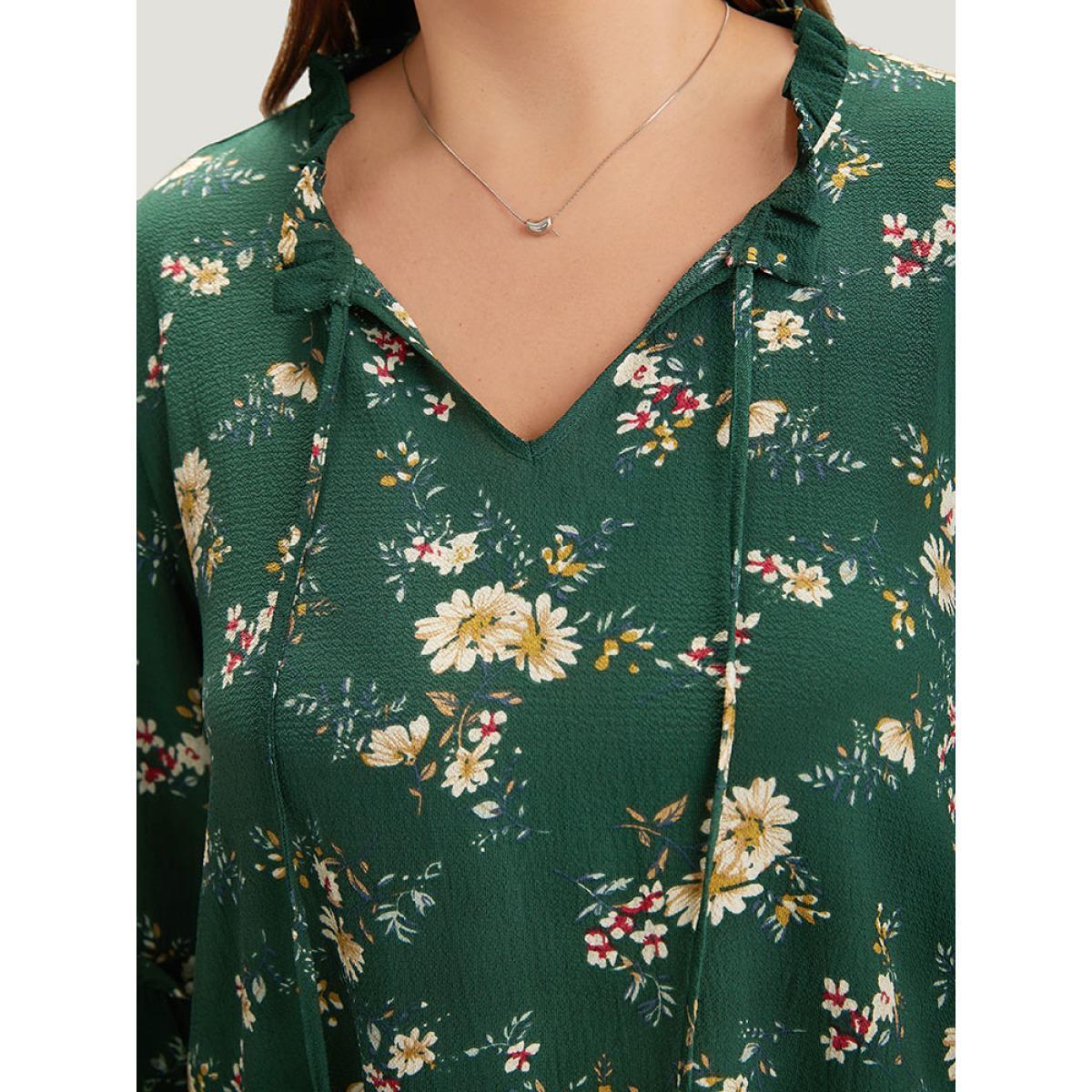Plus Size DarkGreen Floral Print Knot Neck Ruffle Trim Blouse Women Elegant Elbow-length sleeve Tie Neck Dailywear Blouses BloomChic 18-20/2X Product Image