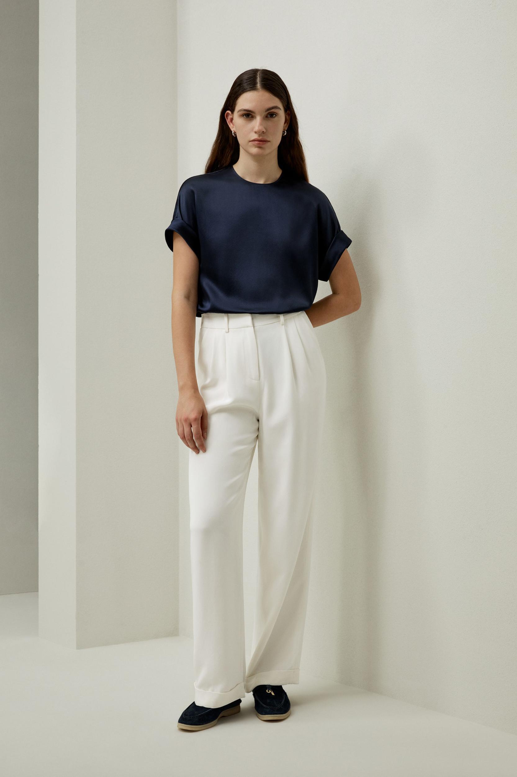 Obliuque Sleeves Round Neck Silk Tee Product Image