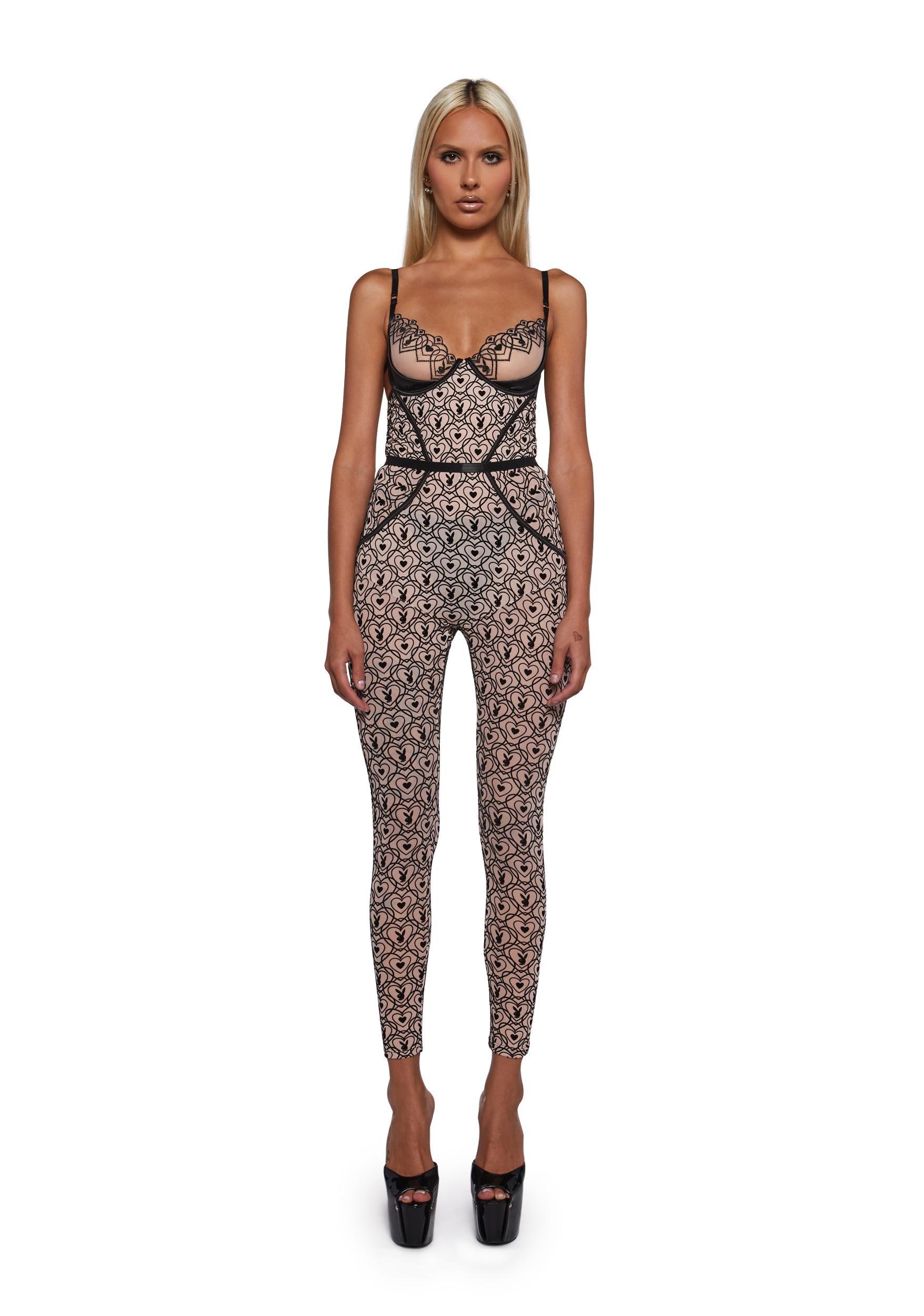 Womens Sexy Playboy Bunny Kiss Sleeveless Catsuit - Black Product Image