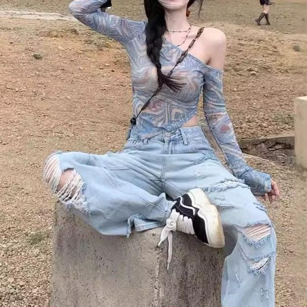 Long-Sleeve Off Shoulder Mesh Crop Top Product Image