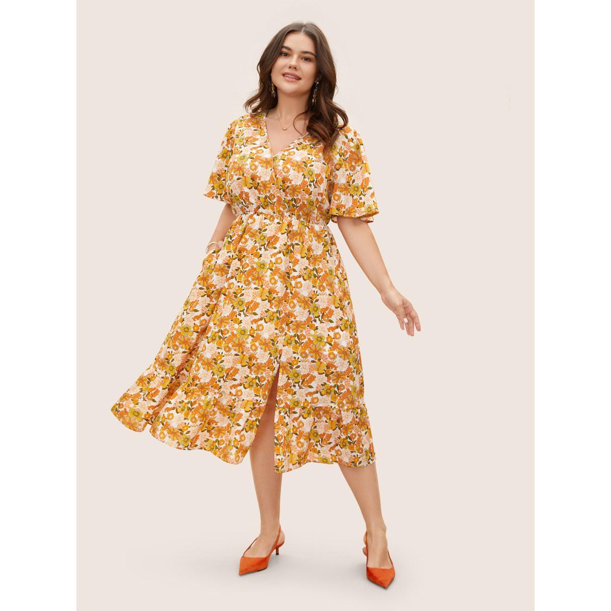 Plus Size Overlap Collar Floral Elastic Waist Midi Dress Multicolor Women Elegant Non Overlap Collar Short sleeve Curvy BloomChic 14-16/1X Product Image