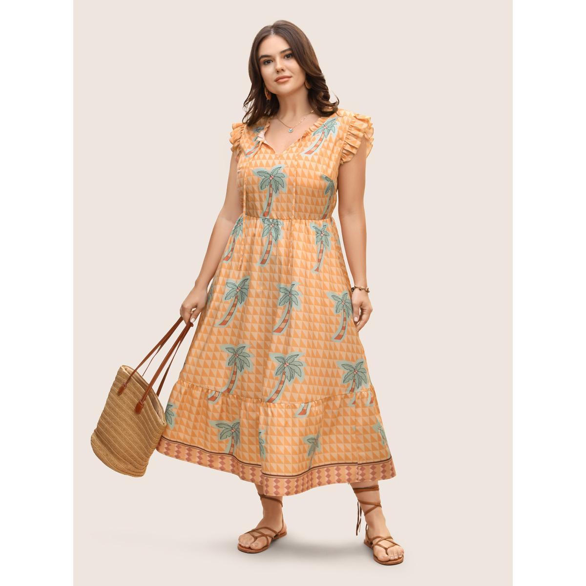 Plus Size Tropical Print Tie Knot Ruffle Cap Sleeve Dress Lightorange Women Resort Tie knot Round Neck Cap Sleeve Curvy BloomChic 28/5X Product Image