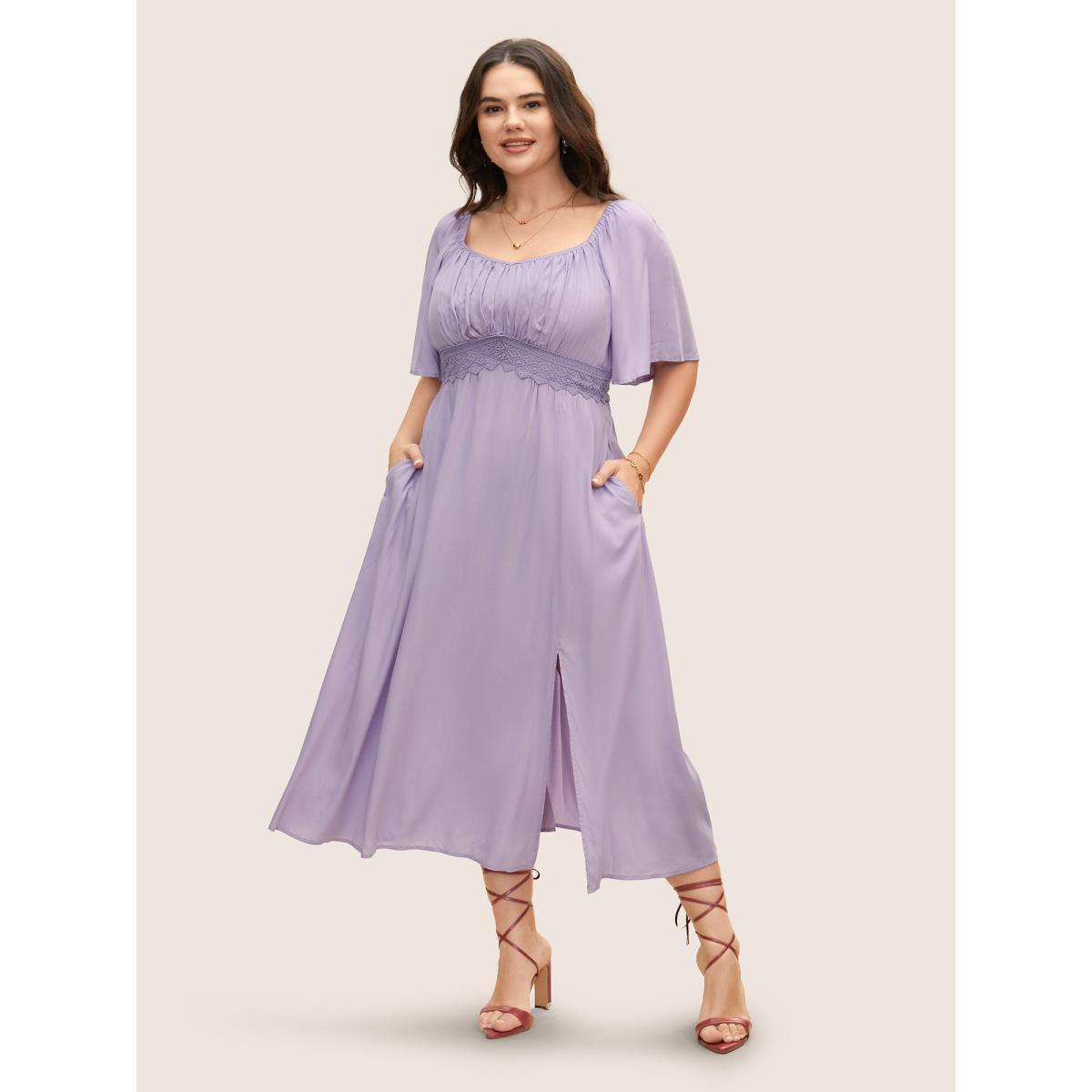 Plus Size Heart Neckline Lace Panel Gathered Split Front Dress Lilac Women Elegant Woven ribbon&lace trim Heart neckline Short sleeve Curvy BloomChic 18-20/2X Product Image