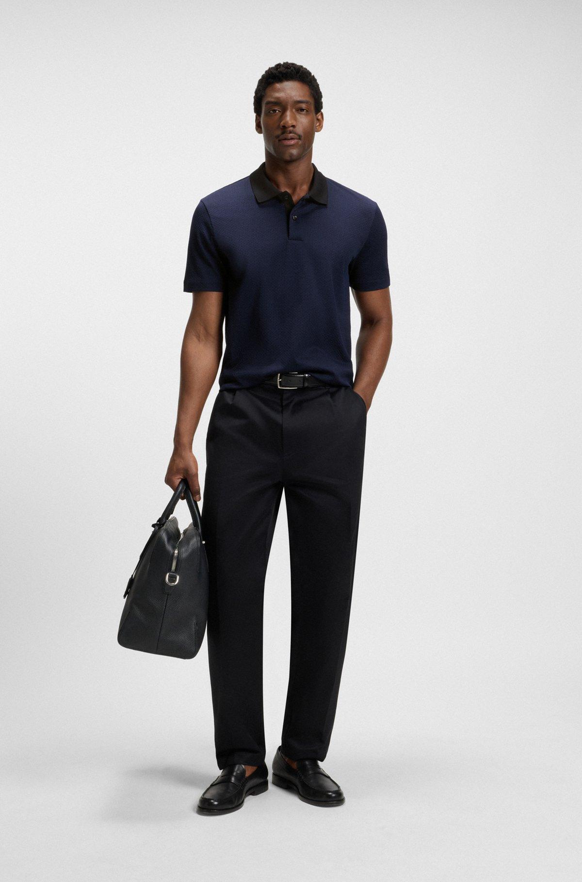 BOSS - Mercerized-cotton polo shirt with geometric jacquard - Dark Blue Product Image