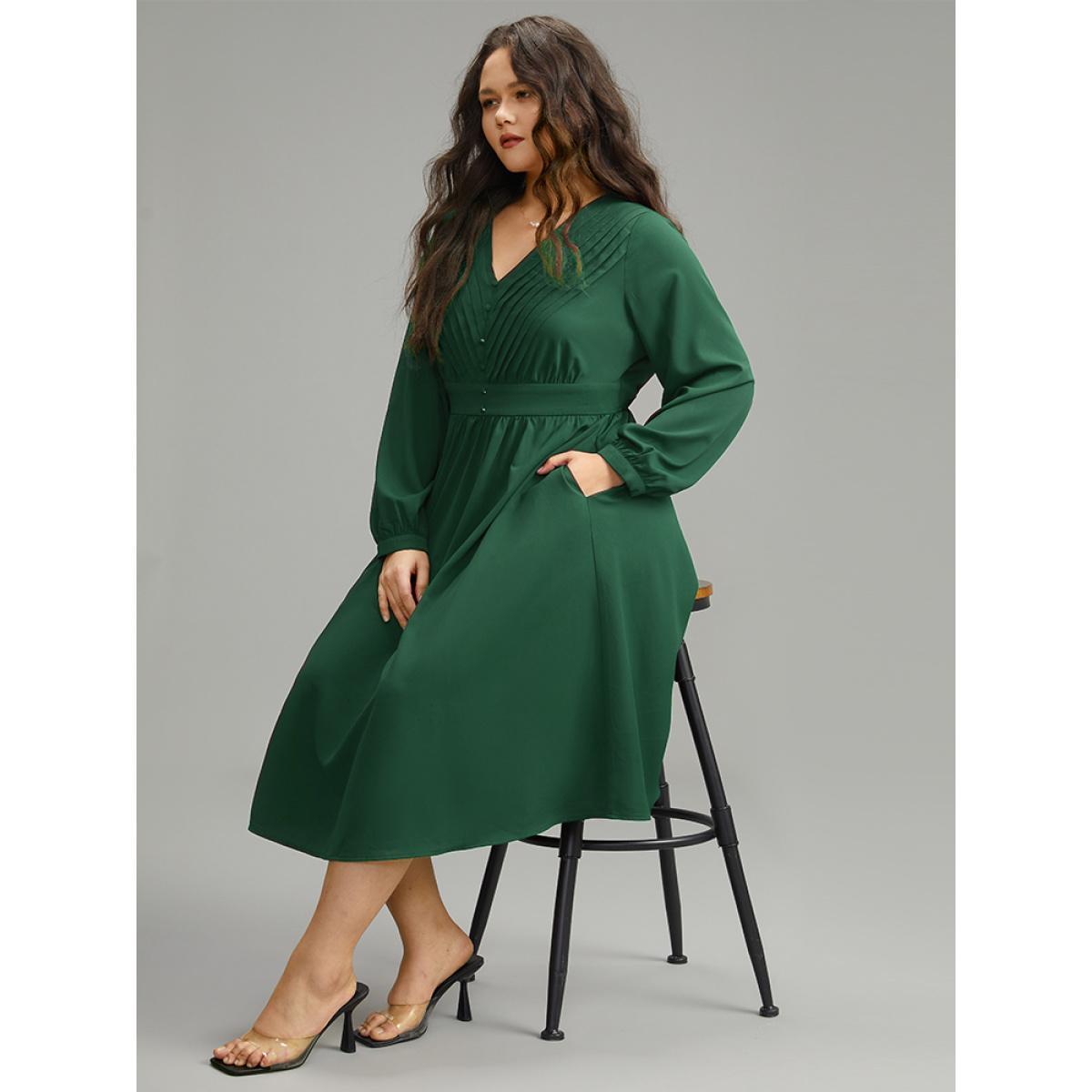 Plus Size Twill Pleated Beaded Long Sleeve Dress Burgundy Women Elegant Plain V-neck Long Sleeve Curvy Midi Dress BloomChic 12/L Product Image