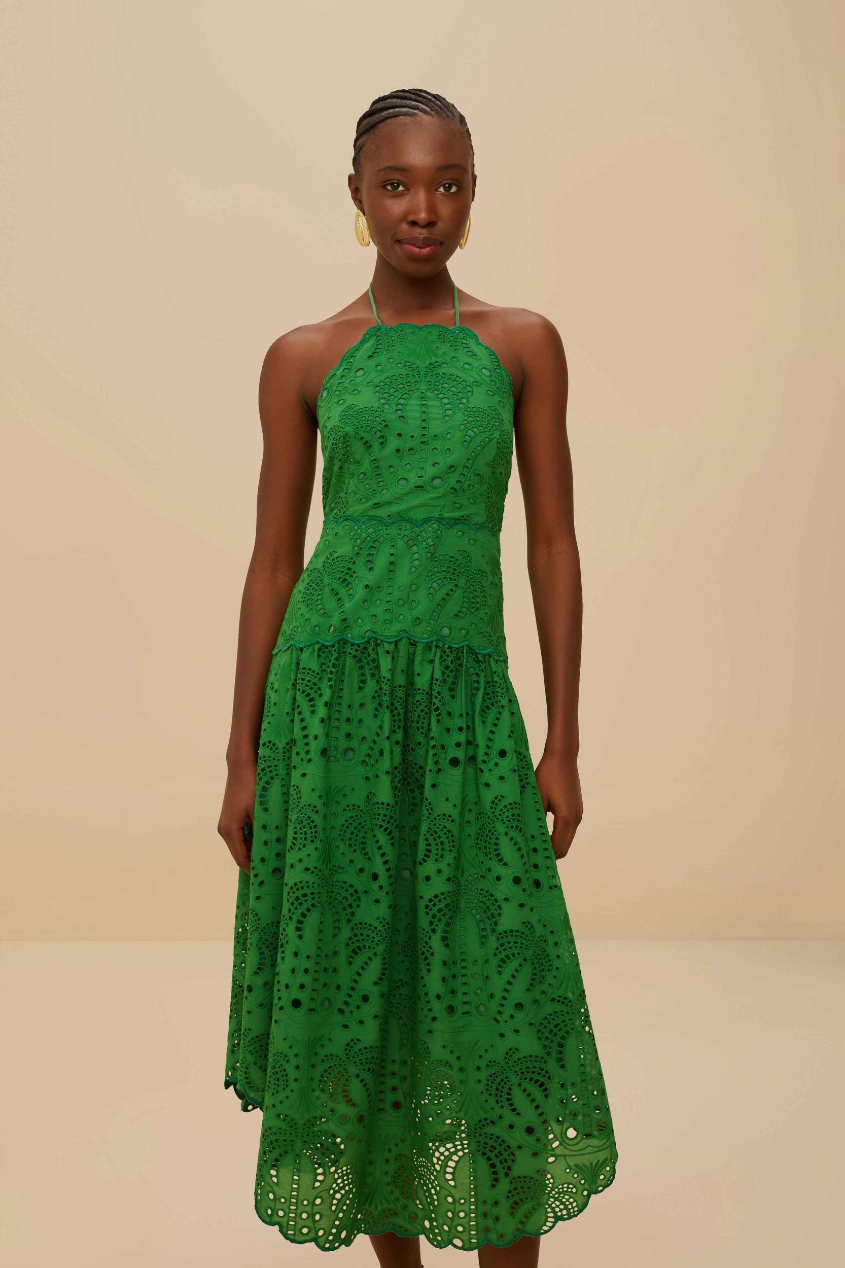 Green Palm Tree Eyelet Halter Neck Midi Dress Product Image