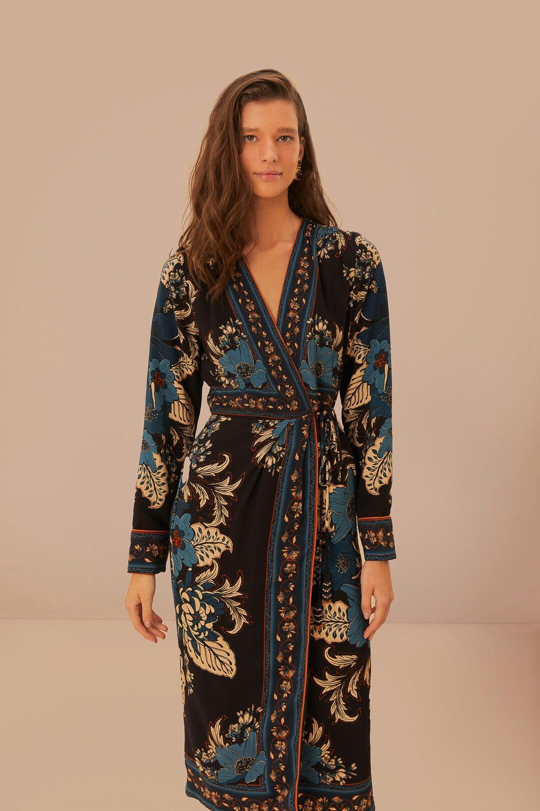 Black Blossom Tapestry LENZING ECOVERO Viscose Midi Wrap Dress, BLOSSOM TAPESTRY BLACK / XS Product Image
