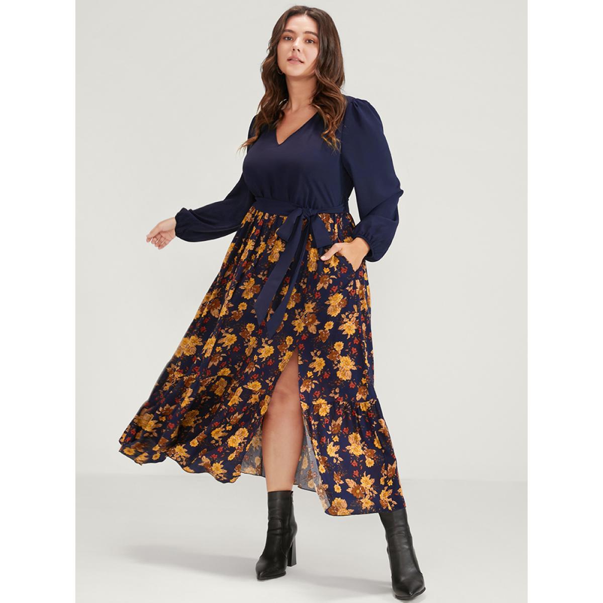 Plus Size Floral Split Lantern Sleeve Pocket Flutter Belted Dress Navy Women Elegant Printed V-neck Long Sleeve Curvy Midi Dress BloomChic 30/6X Product Image