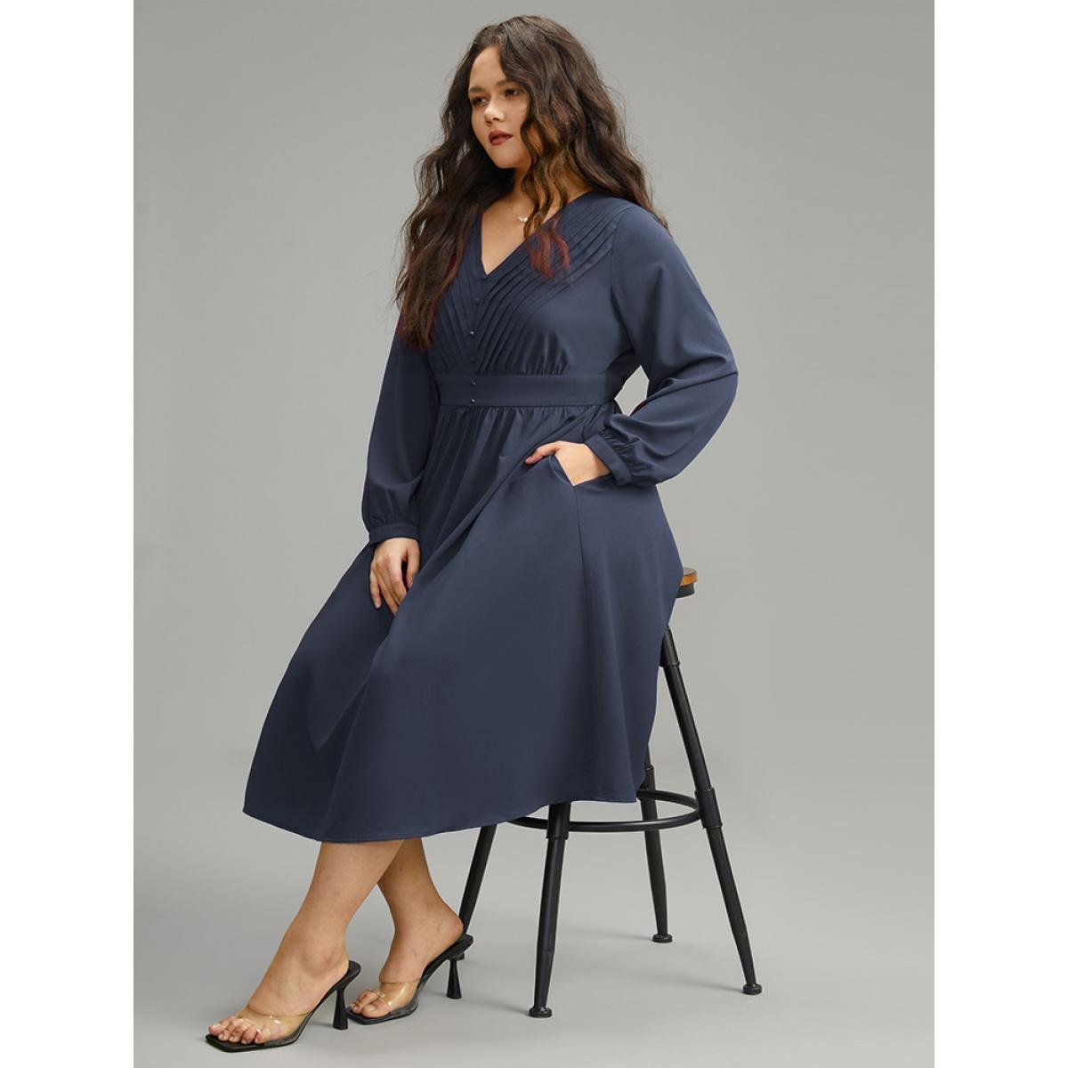 Plus Size Twill Pleated Beaded Long Sleeve Dress Burgundy Women Elegant Plain V-neck Long Sleeve Curvy Midi Dress BloomChic 12/L Product Image