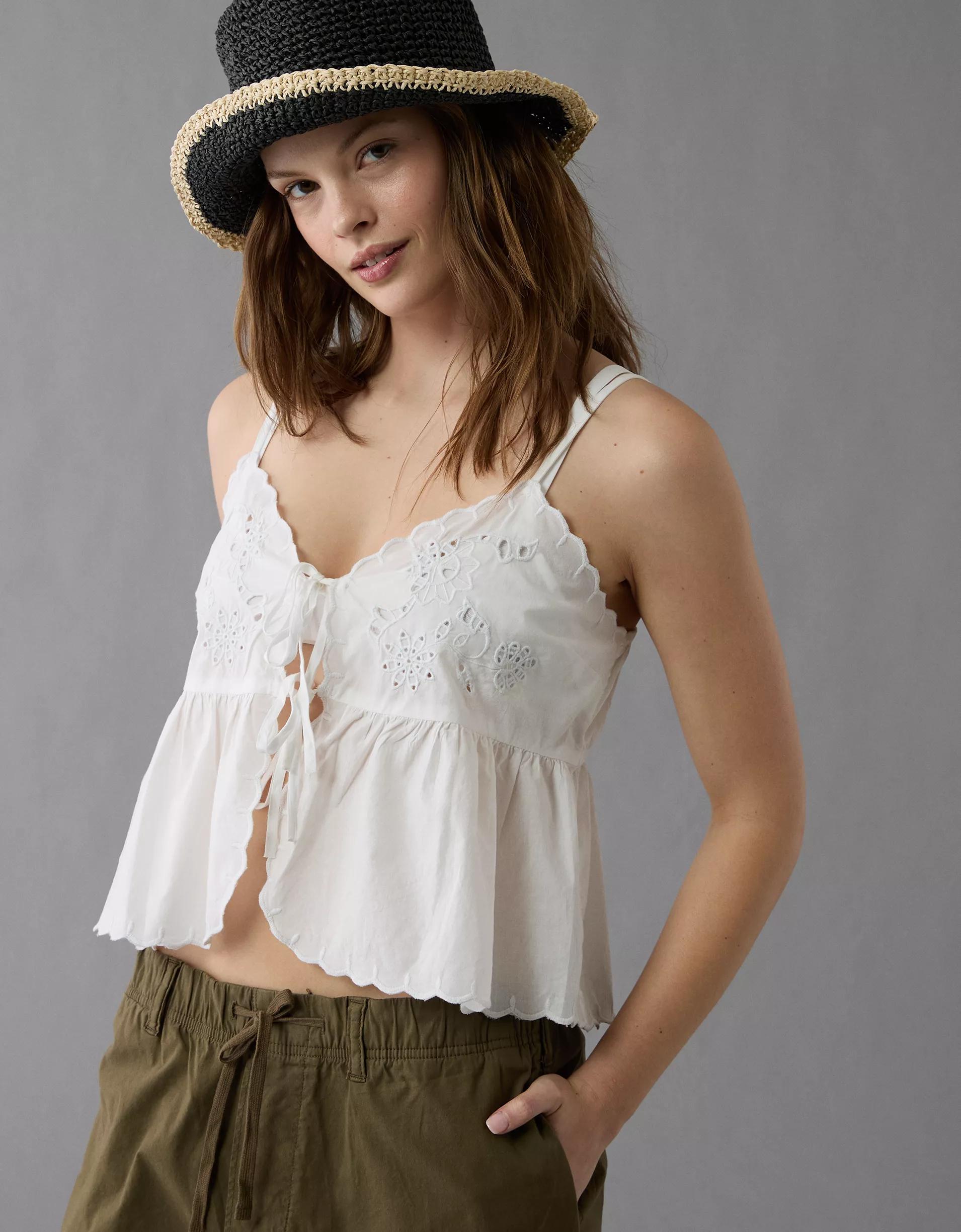 AE Tie Front Embroidered Tank Top Product Image