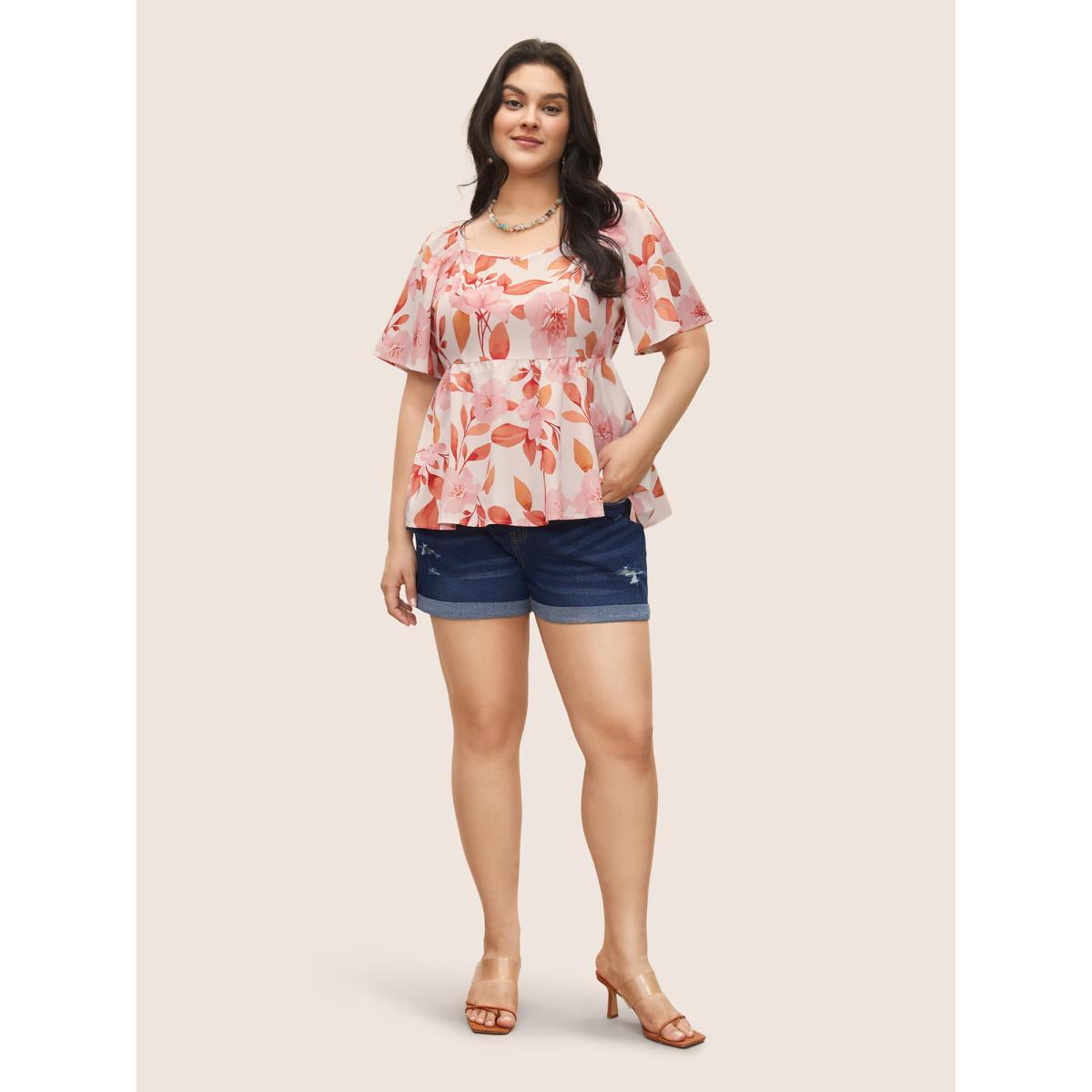 Plus Size Apricot Floral Ruffle Sleeve Elastic Waist Blouse Women Resort Short sleeve Square Neck Vacation Blouses BloomChic 12/L Product Image