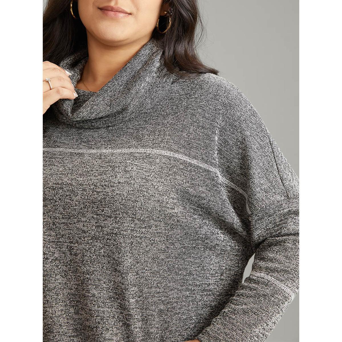 Plus Size Heather Patchwork Striped Funnel Neck Sweatshirt Women Black Casual Texture Turtleneck Dailywear Sweatshirts BloomChic 10/M Product Image