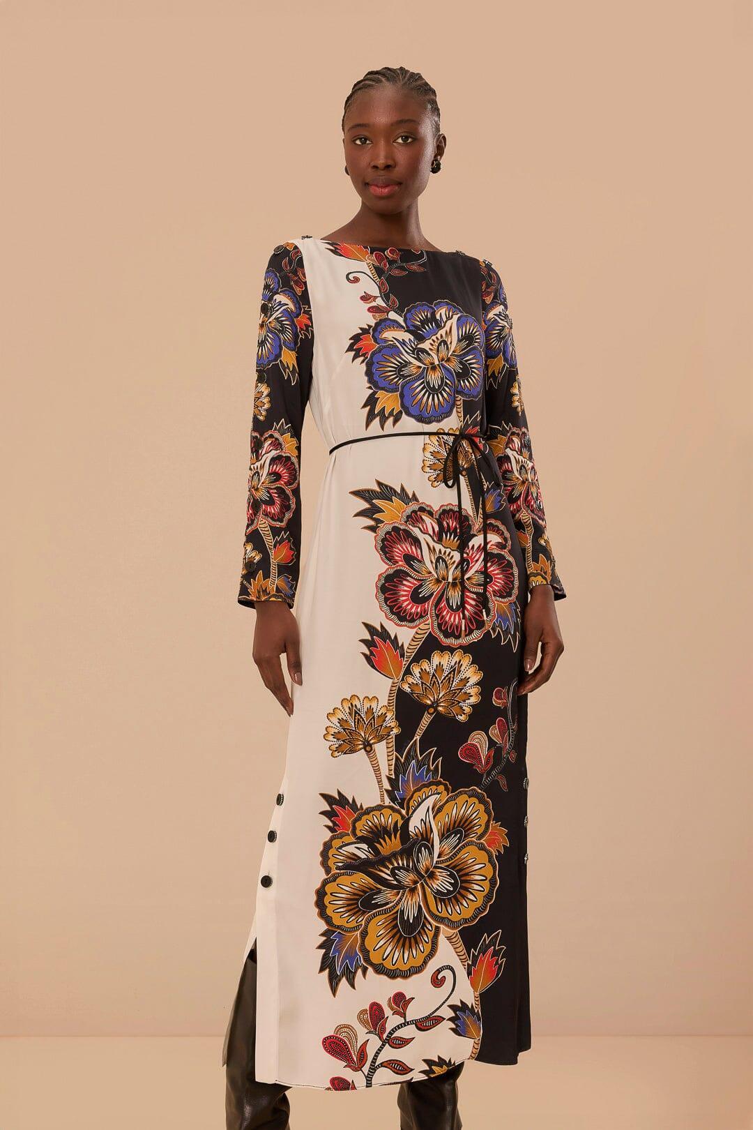 Black And White Maxi Floral LENZING ECOVERO Viscose Midi Dress, MAXI FLORAL OFF-WHITE / XXS Product Image