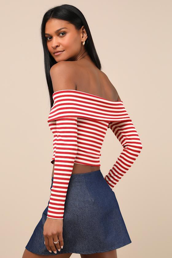 Danon Red and Cream Striped Rosette Off-the-Shoulder Top Product Image
