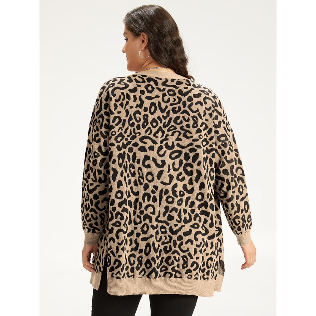 Plus Size Halloween Leopard Print Patched Pocket Split Side Cardigan LightBrown Women Casual Loose Long Sleeve Festival-Halloween Cardigans BloomChic 14-16/1X Product Image
