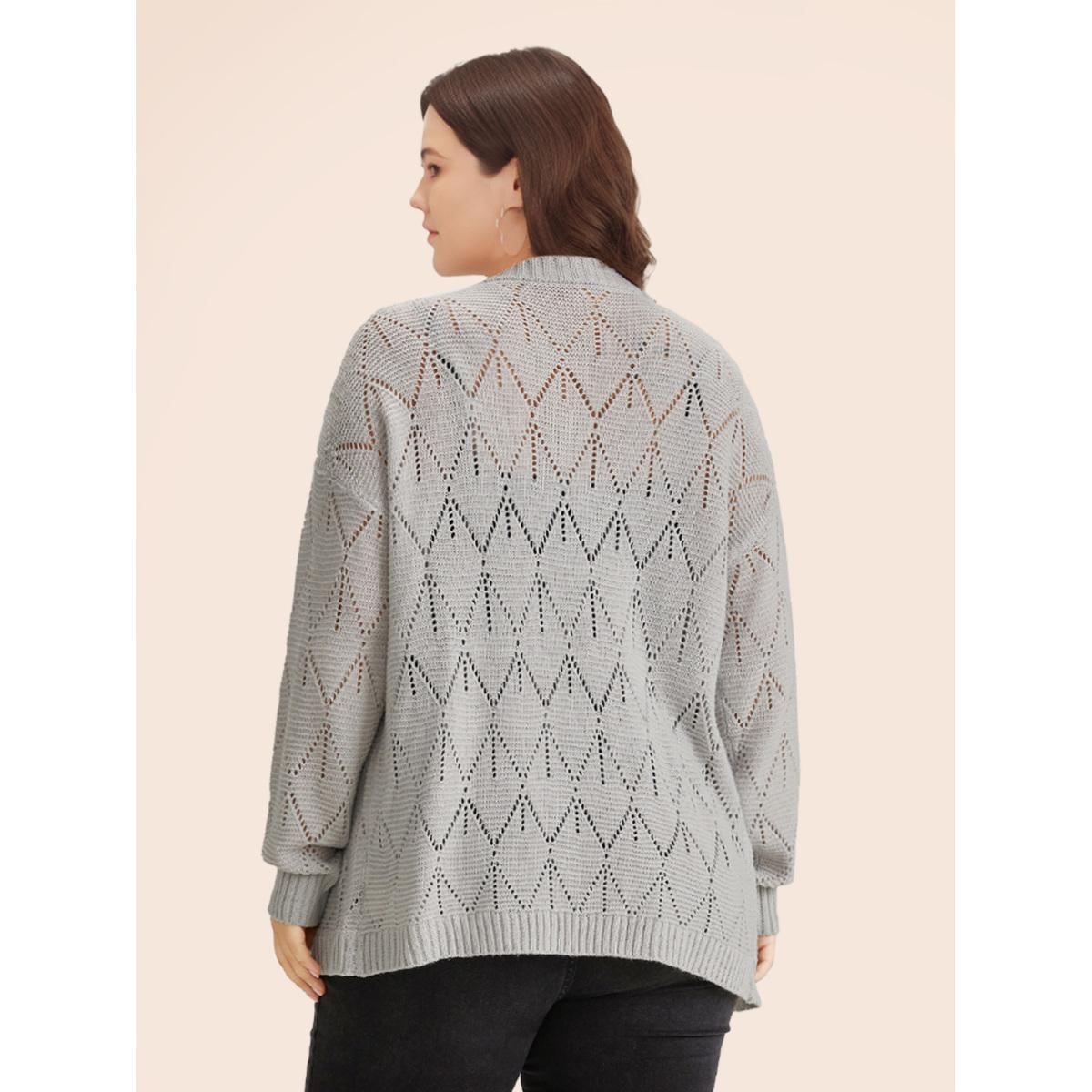 Plus Size Geometric Hollow Out Open Front Cardigan LightGray Women Casual Loose Long Sleeve Everyday Cardigans BloomChic 28/5X Product Image