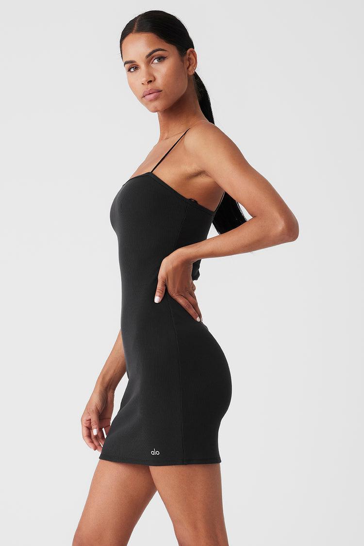 Goddess Ribbed Spaghetti Strap Dress - Black Product Image