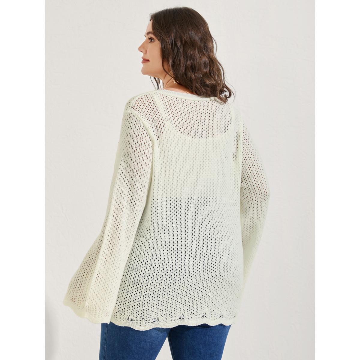 Plus Size Floral Embroidery Flared Sleeve Knit Cardigan Ivory Women Resort Loose Long Sleeve Vacation Cardigans BloomChic 30/6X Product Image