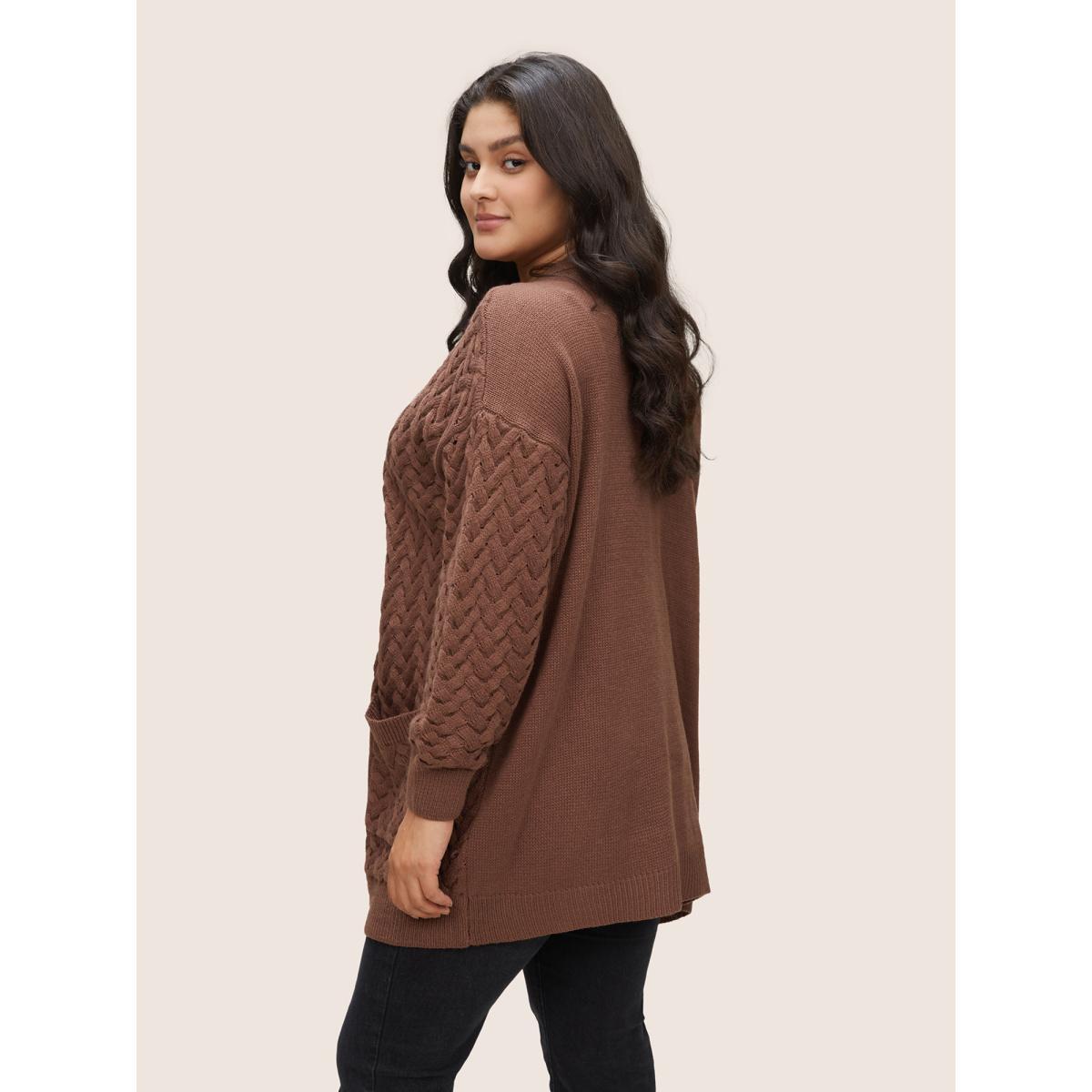 Plus Size Solid Open Front Pocket Crochet Cardigan Burgundy Women Casual Loose Long Sleeve Dailywear Cardigans BloomChic 30/6X Product Image