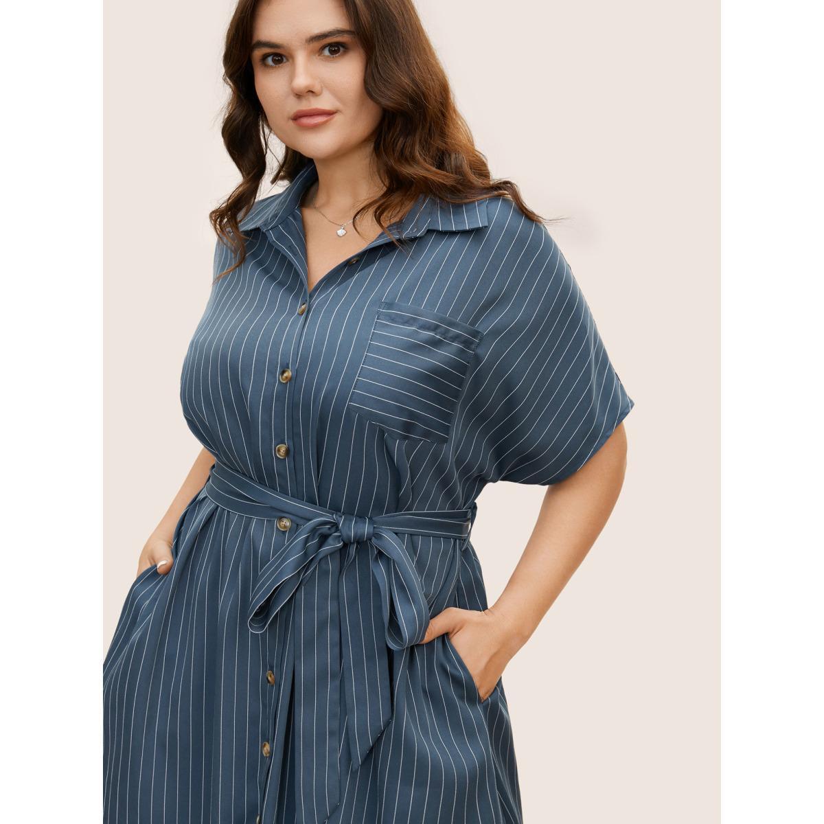 Plus Size Shirt Collar Striped Curved Hem Midi Dress Mediumblue Women At the Office Shirt collar Short sleeve Curvy BloomChic 18-20/2X Product Image