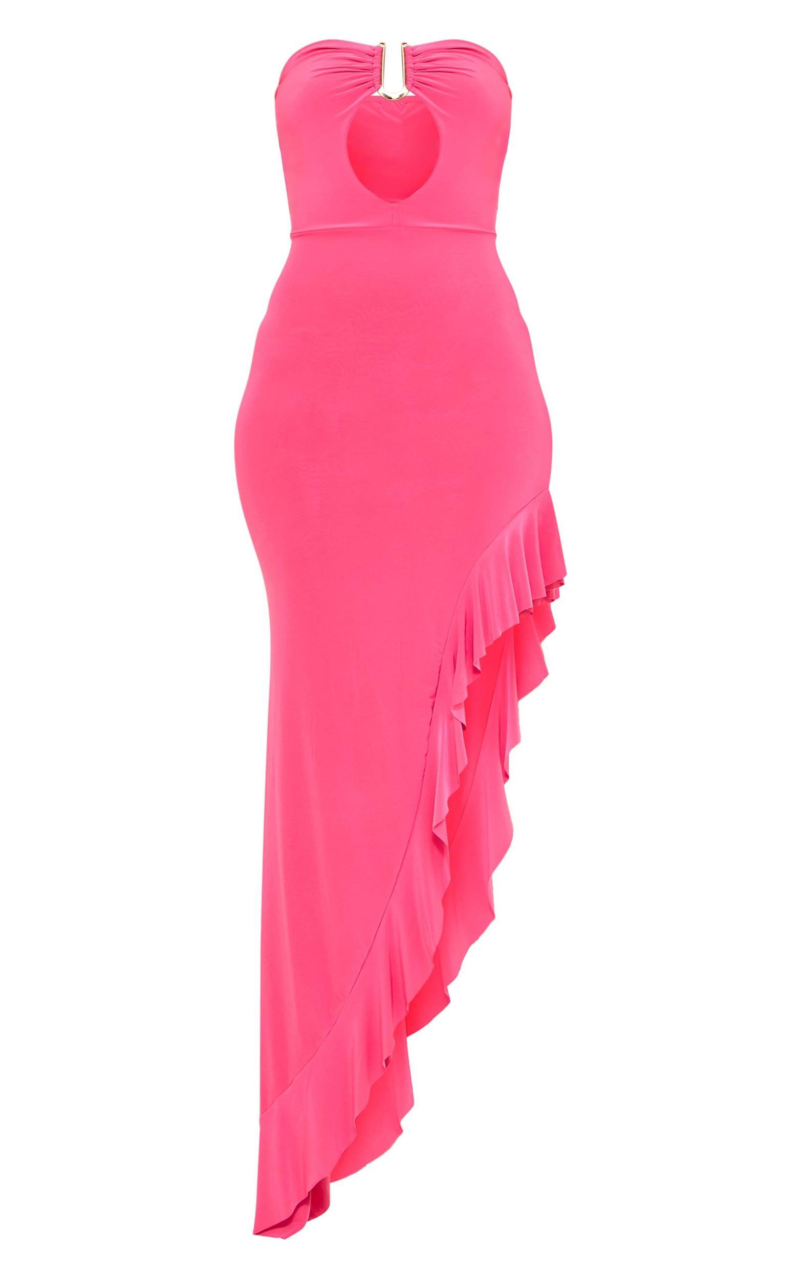 Tall Hot Pink Slinky Ruffle Trim Midaxi Dress Product Image
