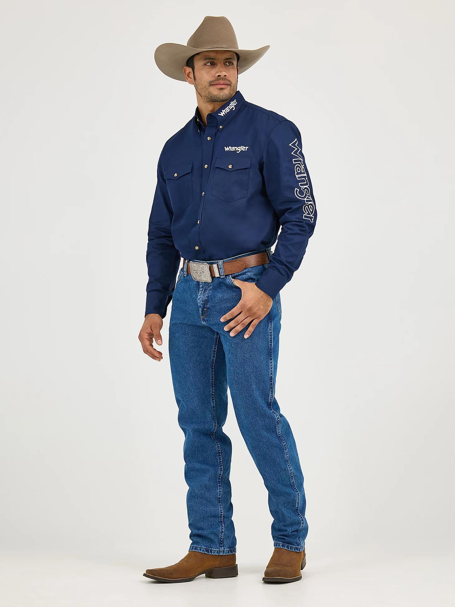 Men's Wrangler® Logo Long Sleeve Button Down Solid Shirt | Men's SHIRTS | Wrangler® Product Image