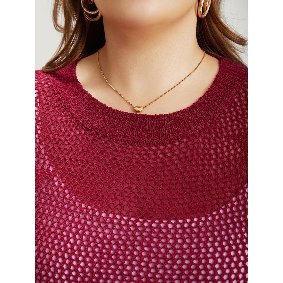 Plus Size Star Pattern Lantern Sleeve Hollow Out Pullover Raspberry Women Casual Long Sleeve Round Neck Everyday Pullovers BloomChic 22-24/3X Product Image