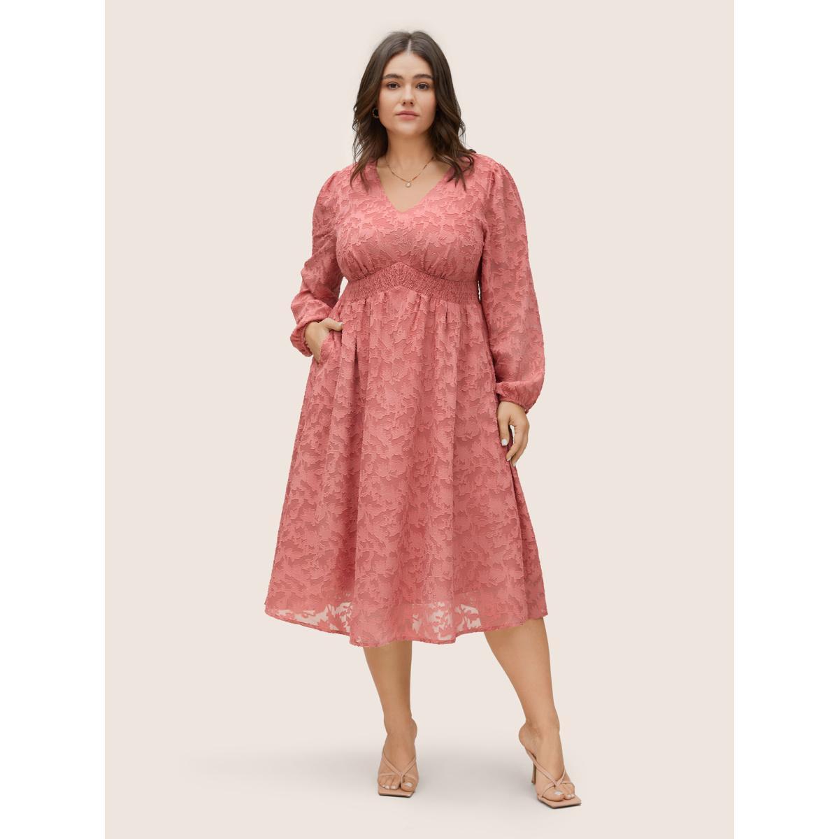 Plus Size Jacquard Texture Shirred Elastic Waist Dress Watermelon Women Elegant Elastic cuffs V-neck Long Sleeve Curvy Midi Dress BloomChic 22-24/3X Product Image