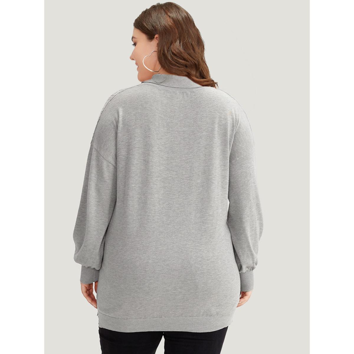 Plus Size Plain Lapel Collar Plisse Zipper Pullover LightGray Women Casual Loose Long Sleeve Lapel Collar Dailywear Pullovers BloomChic 22-24/3X Product Image