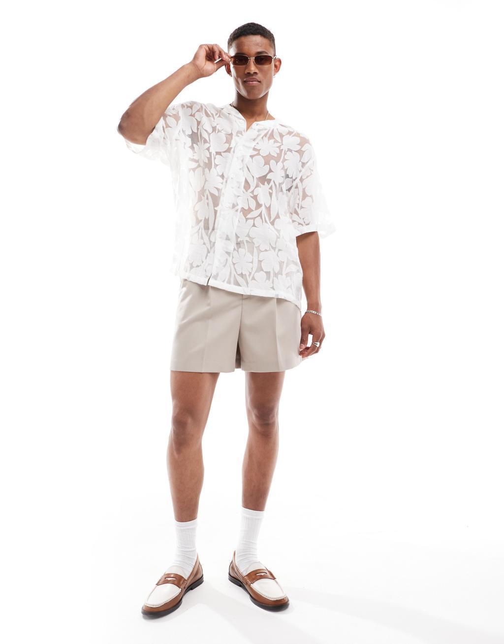 ASOS DESIGN oversized camp collar shirt in floral burn out in white Product Image