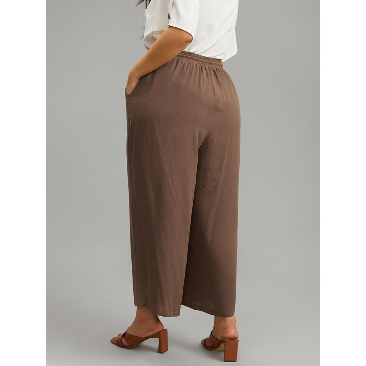 Plus Size Plain Drawstring Elastic Waist Straight Leg Pants Women DarkBrown Casual Harem High Rise Dailywear Pants BloomChic 12/L Product Image