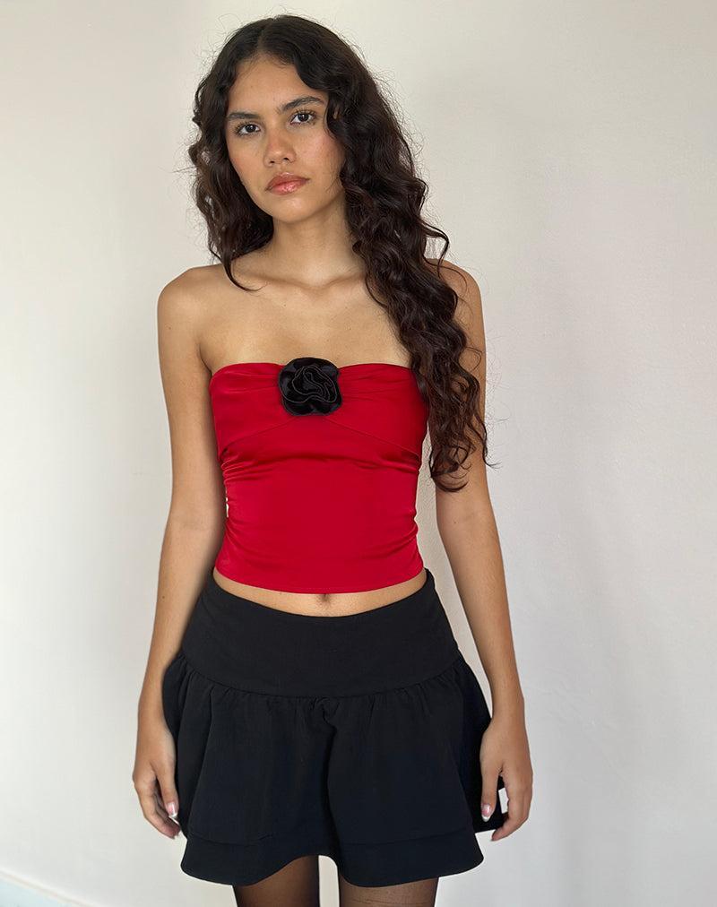 Astrum Satin Bandeau Top in Red with Black Rose Female Product Image