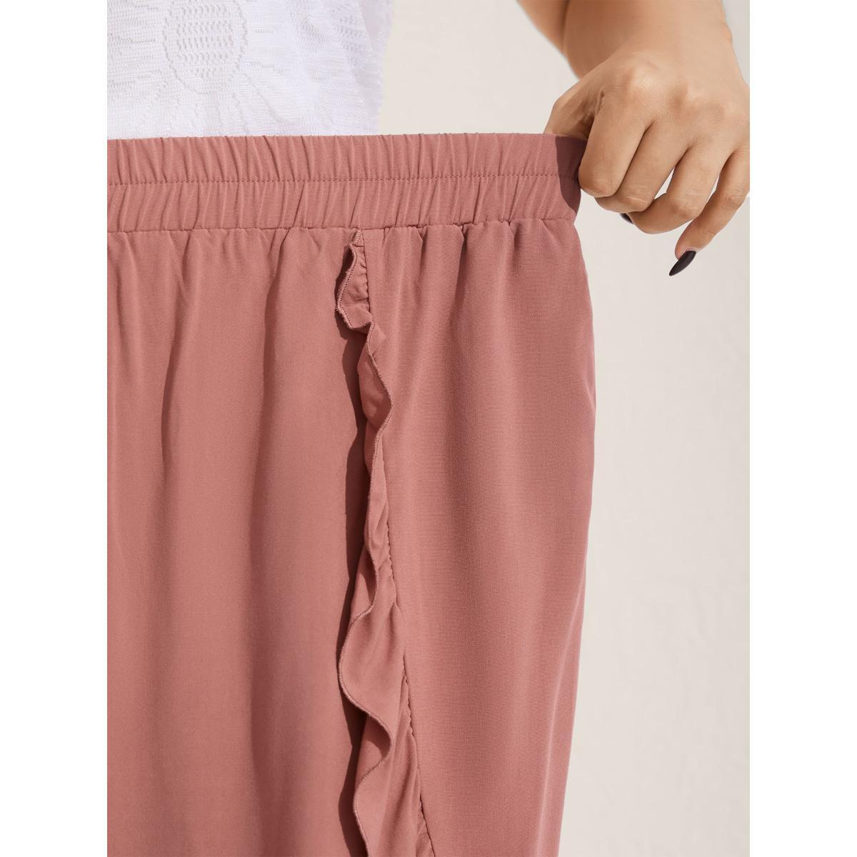 Plus Size Lotus Leaf Edge Solid Wide-Leg Pants Women Rouge Resort Wide Leg Mid Rise Vacation Pants BloomChic 18-20/2X Product Image