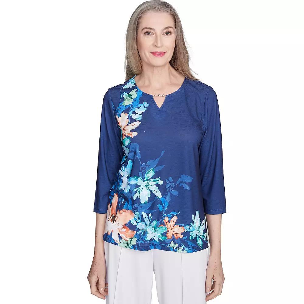 Petite Alfred Dunner Asymmetric Floral Beaded Top, Women's, Size: Large Petite, Marine Blue Product Image