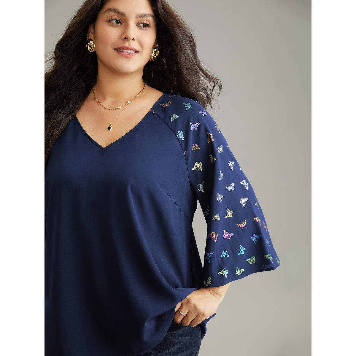 Plus Size Indigo Glitter Butterfly Flutter Raglan Sleeve Blouse Women Elegant Elbow-length sleeve V-neck Party Blouses BloomChic 26/4X Product Image