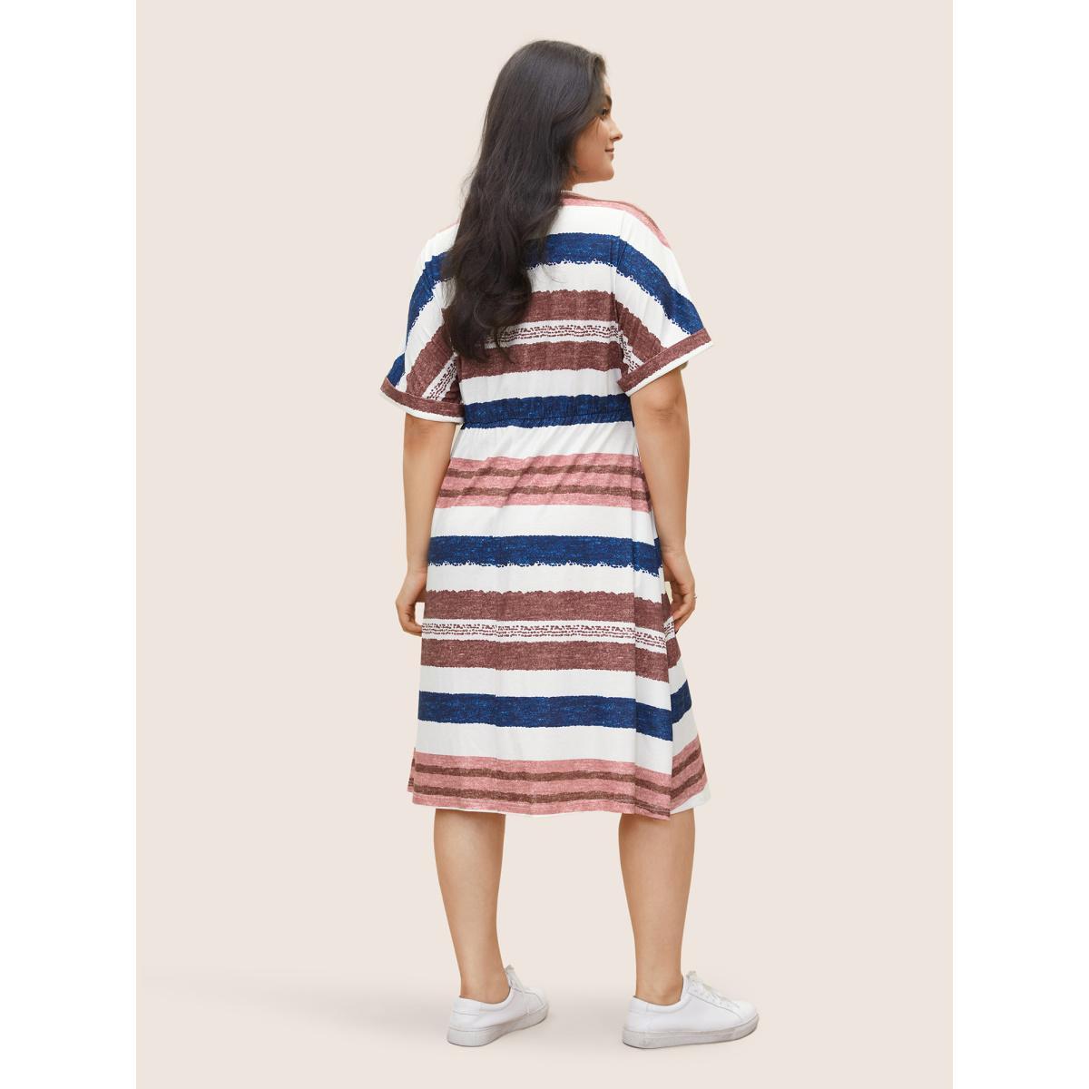 Plus Size Contrast Striped Button Detail Pocket Dress Multicolor Women Casual Non V-neck Short sleeve Curvy Midi Dress BloomChic 12/L Product Image