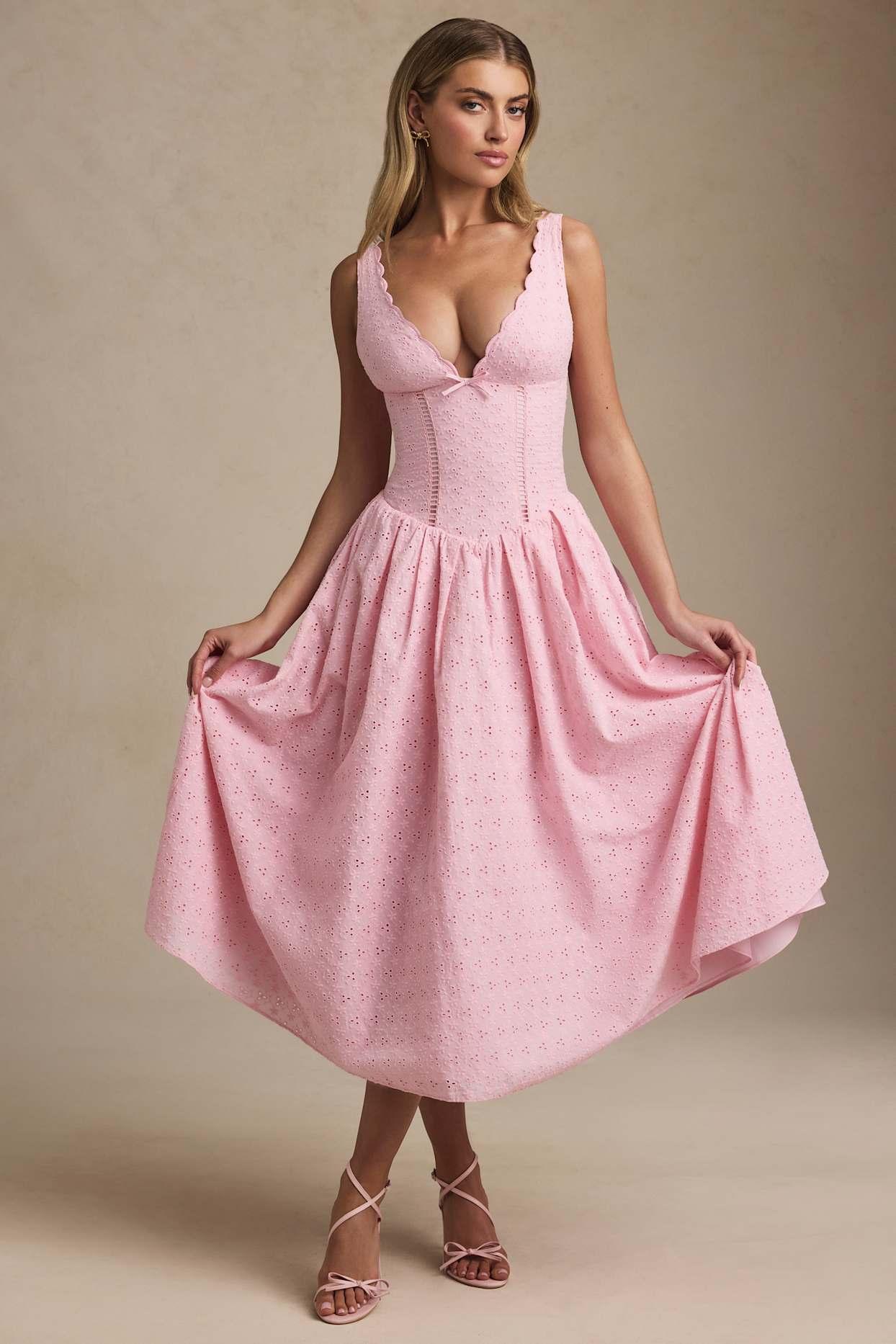 Broderie Anglaise Bow-Detail A-Line Midaxi Dress in Soft Pink Product Image