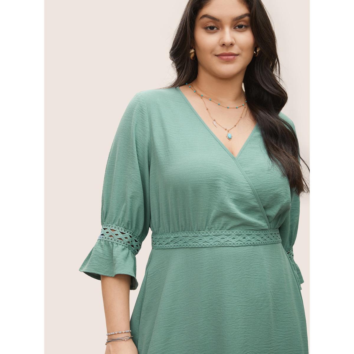 Plus Size Solid Eyelet Lace Surplice Neck Ruffle Sleeve Dress Moss Women Resort Non Overlap Collar Elbow-length sleeve Curvy Midi Dress BloomChic 30/6X Product Image