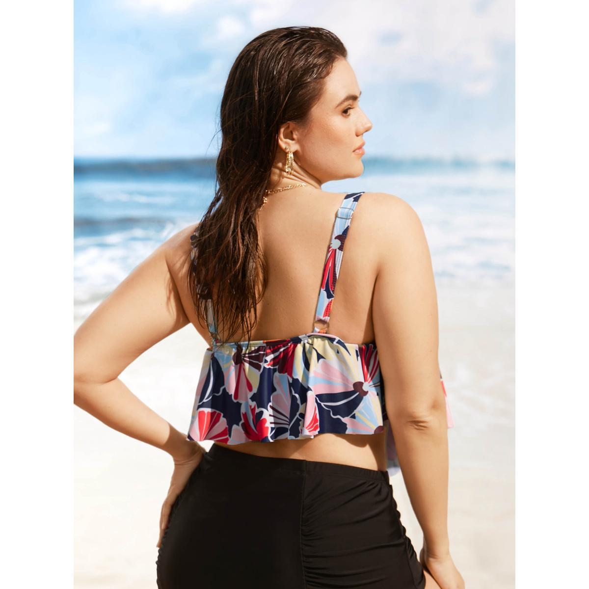 Plus Size U Neck Contrast Floral Tiered Ruffles Swim Top Women's Swimwear Indigo Beach Gathered High stretch Bodycon U-neck Curve Swim Tops BloomChic 10/M Product Image