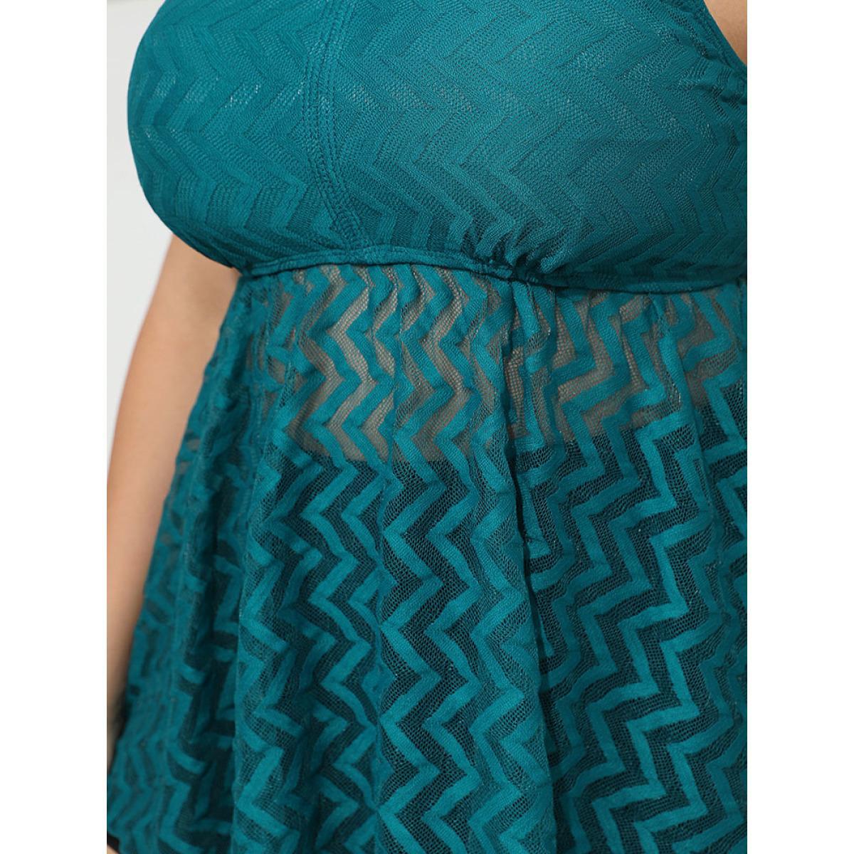 Plus Size Plain Geometric Mesh Flutter Hem V Neck Tankini Top Women's Swimwear Teal Vacation Adjustable Straps Medium stretch Bodycon V-neck Curve Swim Tops BloomChic 10/M Product Image