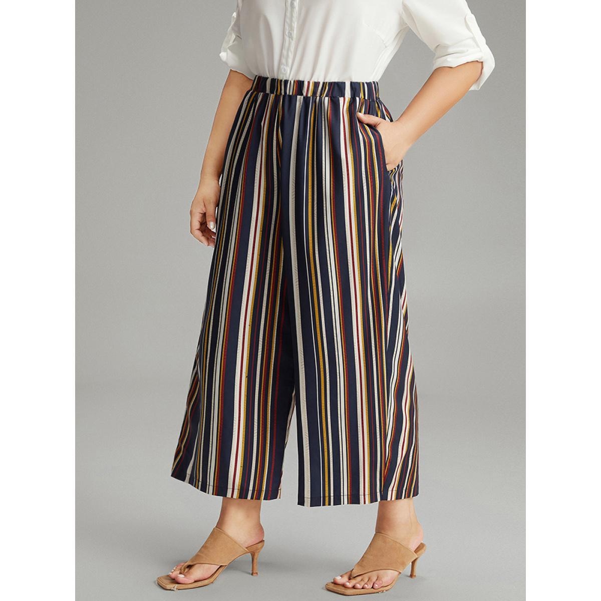 Plus Size Colour Striped Contrast Elastic Waist Wide Leg Pants Women Multicolor Casual Wide Leg High Rise Dailywear Pants BloomChic 12/L Product Image