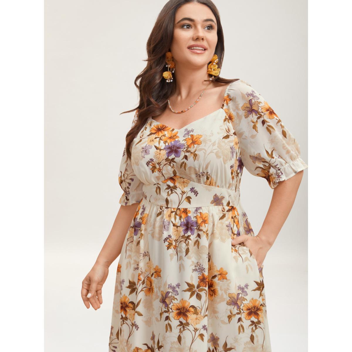 Plus Size Chiffon Floral Waist-Cinched Maxi Dress Beige Women Elegant Gathered Heart neckline Half Sleeve Curvy BloomChic 14-16/1X Product Image