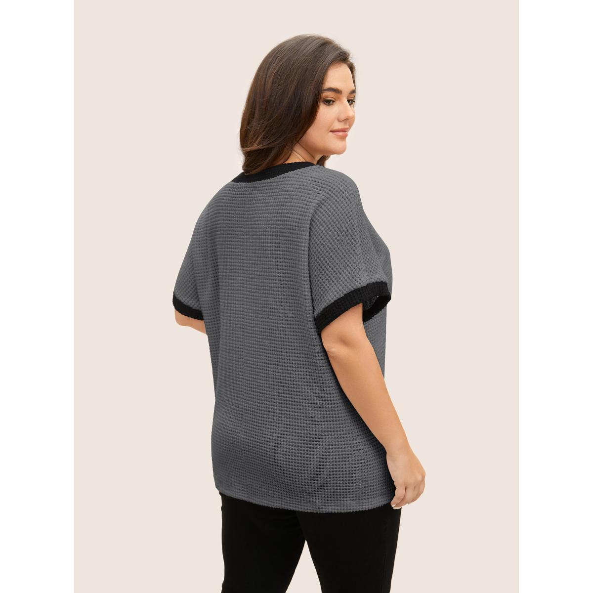 Plus Size V Neck Contrast Button Detail Knit T-shirt DimGray Women Casual Texture V-neck Everyday T-shirts BloomChic 10/M Product Image