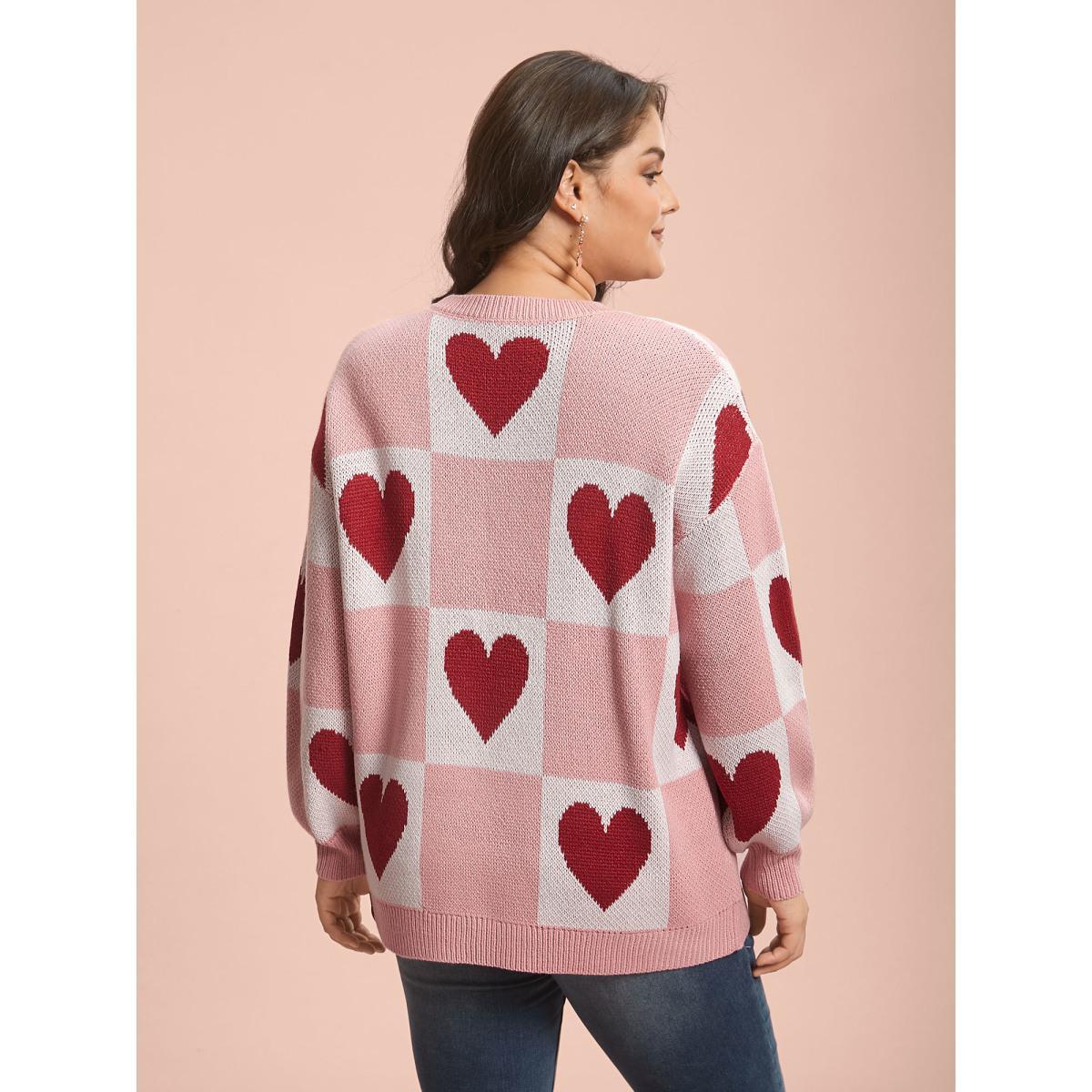 Plus Size Checkered Hearts Jacquard Color-Contrast Pullover Watermelon Women Casual Loose Long Sleeve Round Neck Everyday Pullovers BloomChic 30/6X Product Image