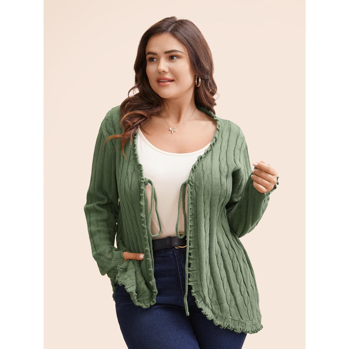Plus Size Cable Knit Tie Knot Frill Trim Cardigan Greenbean Women Casual Loose Long Sleeve Everyday Cardigans BloomChic 28/5X Product Image