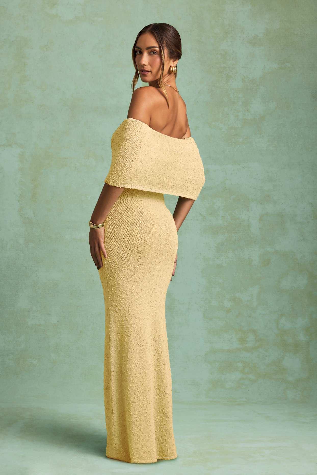 Bouclé Off-Shoulder Maxi Dress in Yellow Product Image
