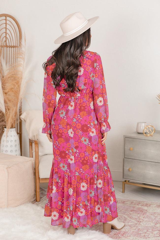 We're Not Done Pink Retro Printed Long Sleeve Maxi Dress FINAL SALE Product Image
