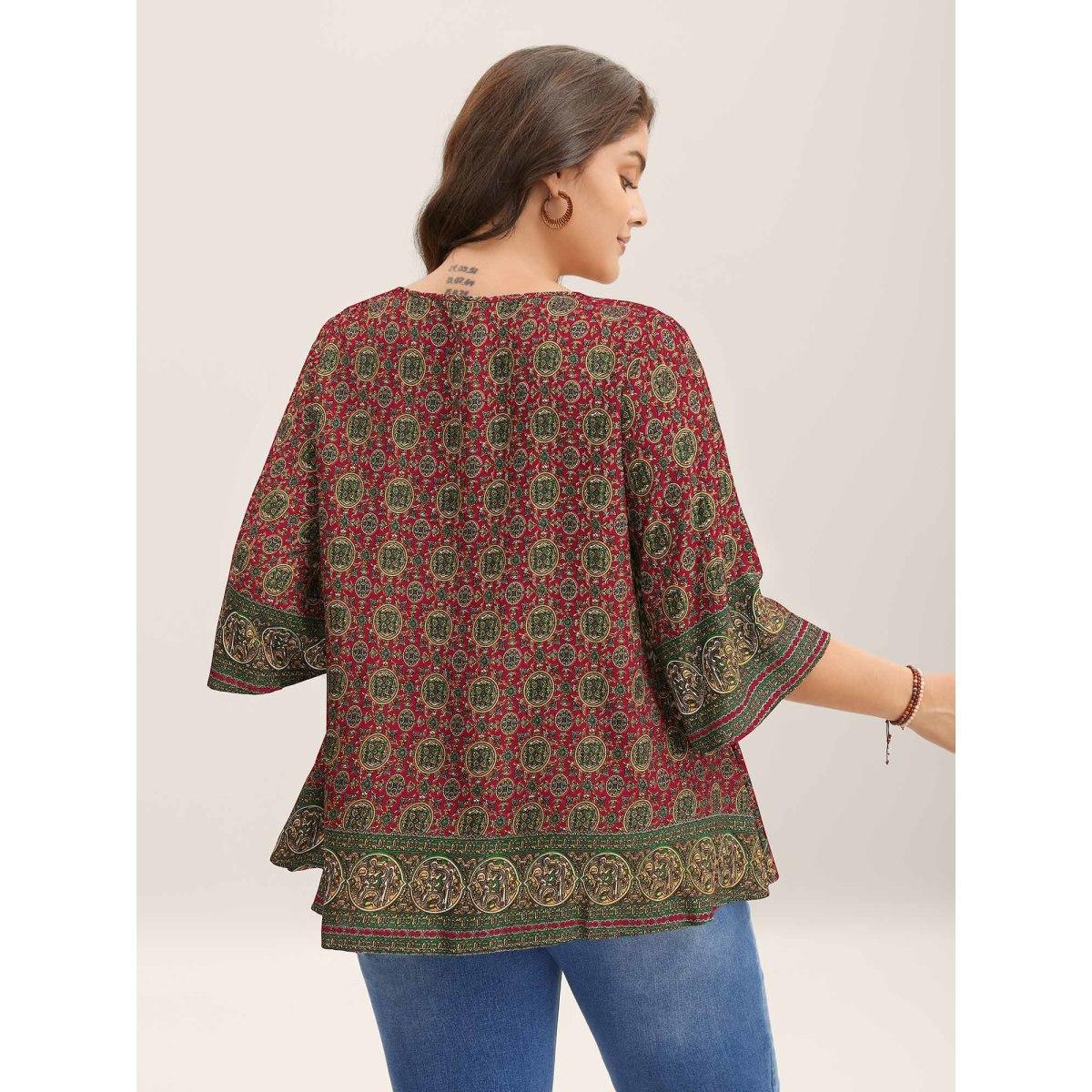 Plus Size Scarlet Pin-Tuck Pleat Ornate Print Relaxed Fit Shirt Women Resort Elbow-length sleeve V-neck Vacation Blouses BloomChic 10/M Product Image