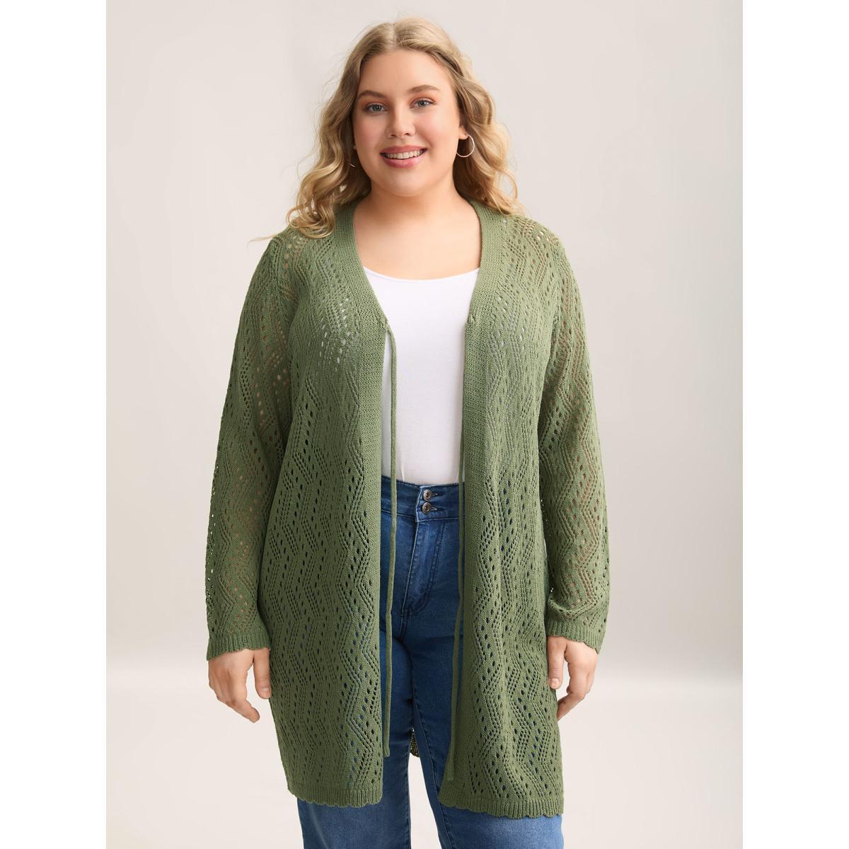 Plus Size Eyelet Trim Front Mid Tie Knit Cardigan Moss Women Casual Loose Long Sleeve Everyday-Casual Cardigans BloomChic 10/M Product Image
